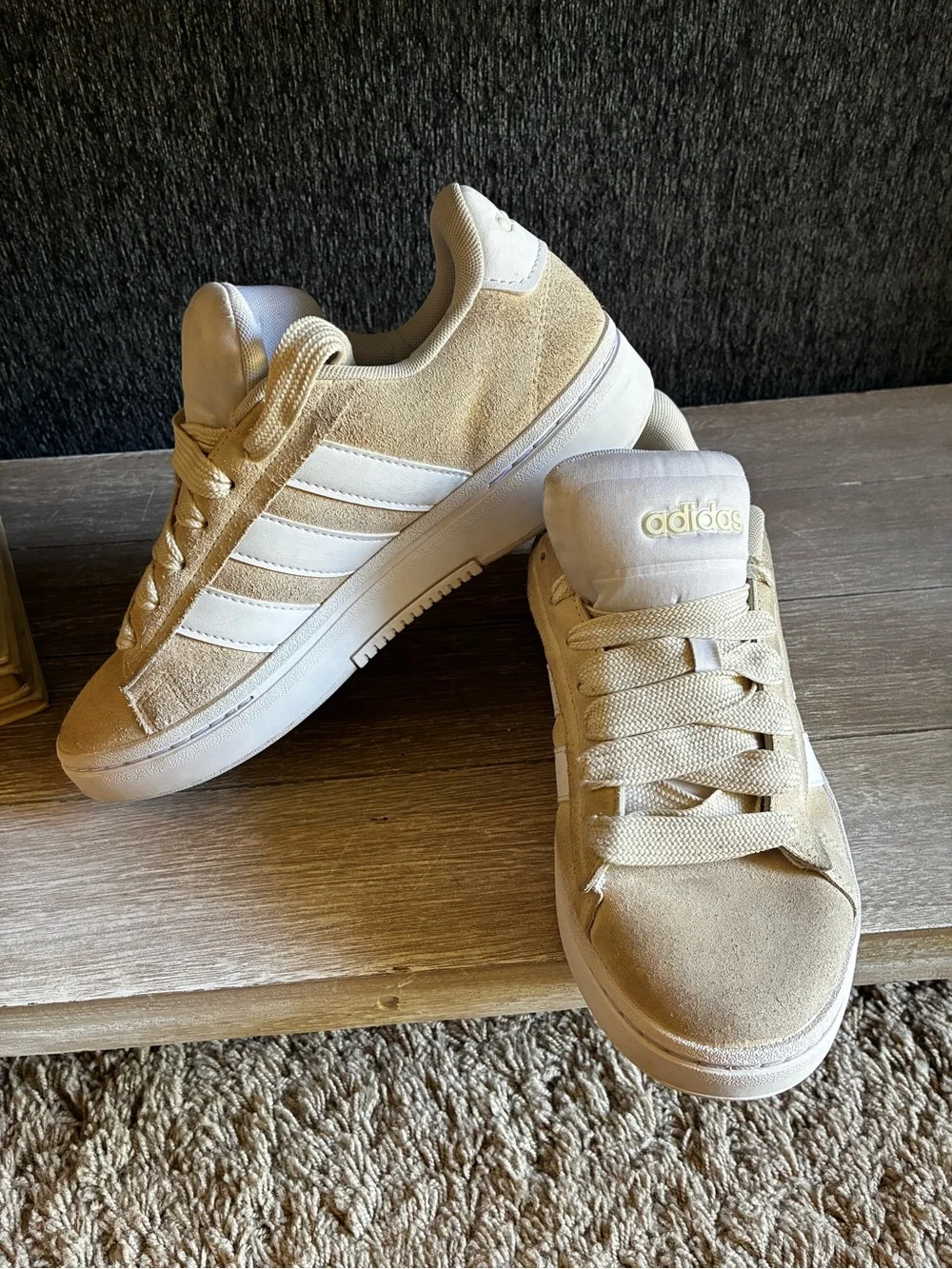 adidas Men’s Grand Court Beige and White Suede Low-Top Sneakers